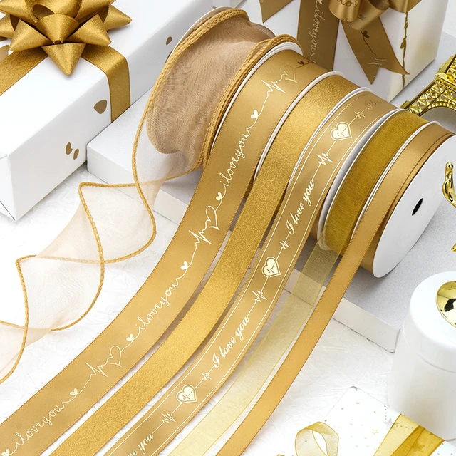 16mm Wedding Ribbon Satin I Love You/Heart Gold Foil Printed For Valentine  Gift Wrapping Wedding Decoration - AliExpress