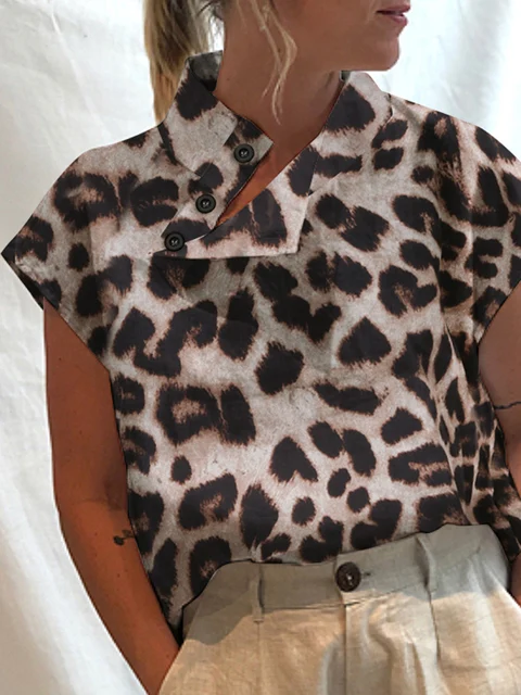 Celmia Women Short Sleeve Blusas 2022 Summer Cotton Linen Shirts Fashion Oversized Blouses Casual Loose Camisas Solid Tunic Tops Khaki (Leopard)