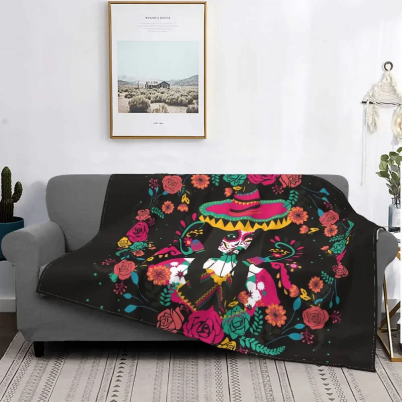 

Mexican Skeleton With Flowers Blanket 3D Printed Soft Fleece Warm Embroidery Throw Blankets for Office Bed Couch Bedspreads