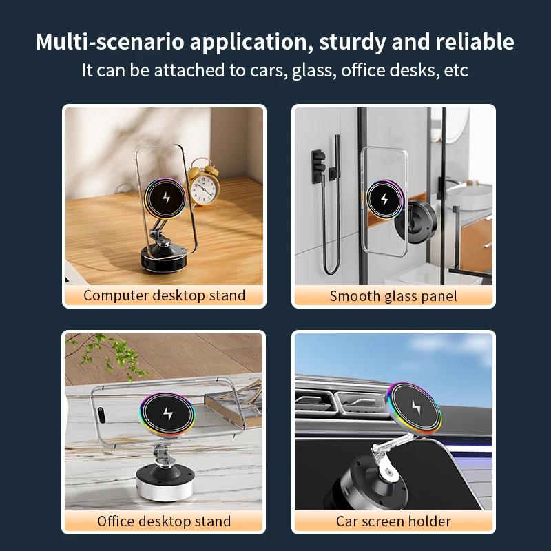 Vacuum Suction Cup & Magnetic Phone Holder & 15W Wireless Charger for Magsafe iPhone 17~12 360° Rotation Foldable Fast Charging