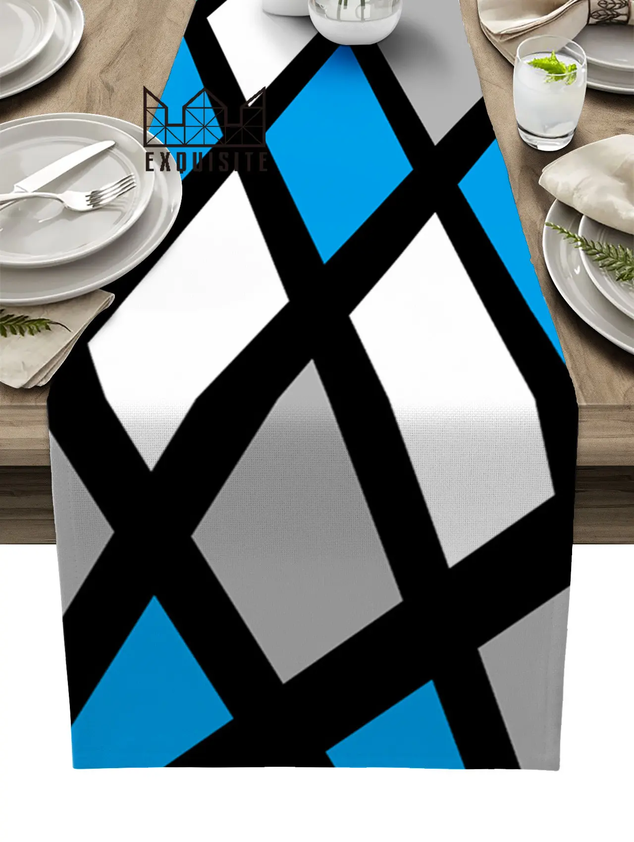 

Blue Black Grey Geometric Square Table Runner Wedding Party Dining Table Cover Cloth Placemat Napkin Home Kitchen Decoration