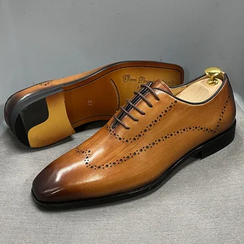 Mens Size 7-12 Oxford Shoes Wingtip Genuine Calf Leather Luxury Lace-Up Business Office Brogue Dress Shoes for Men 5