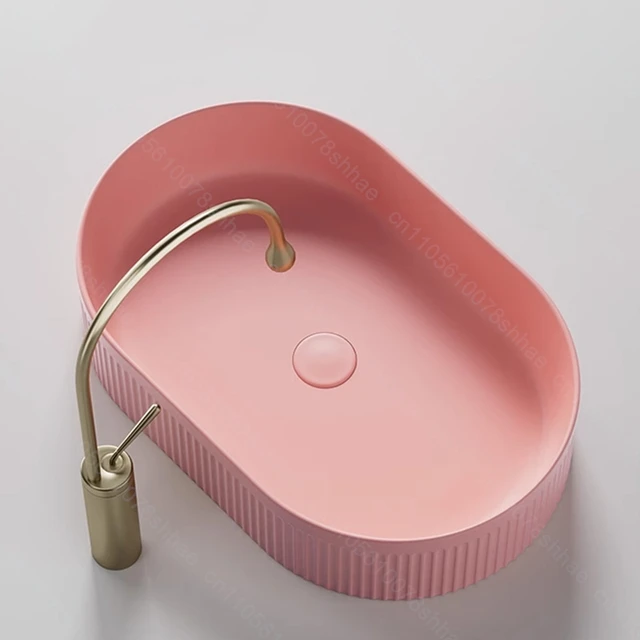 อ่างล้างหน้าเซรามิกทันสมัย สีชมพู อ่างล้างหน้าแบบตั้งบนเคาน์เตอร์ พร้อมอุปกรณ์ระบายน้ำ 2