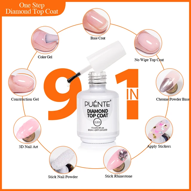 PUENTE 15ML Diamond Top Coat 9-IN-1 Function Gel Nail Polish One Step Base Top Coat Clear Nude Pink Color Soak Off Nail Varnish 2