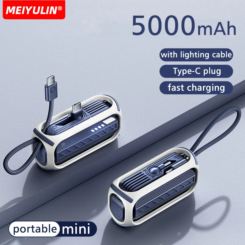 5000mAh Mini Power Bank Build-in Cable Small Powerbank External Spare Battery Portable Fast Charger For iPhone Samsung Xiaomi