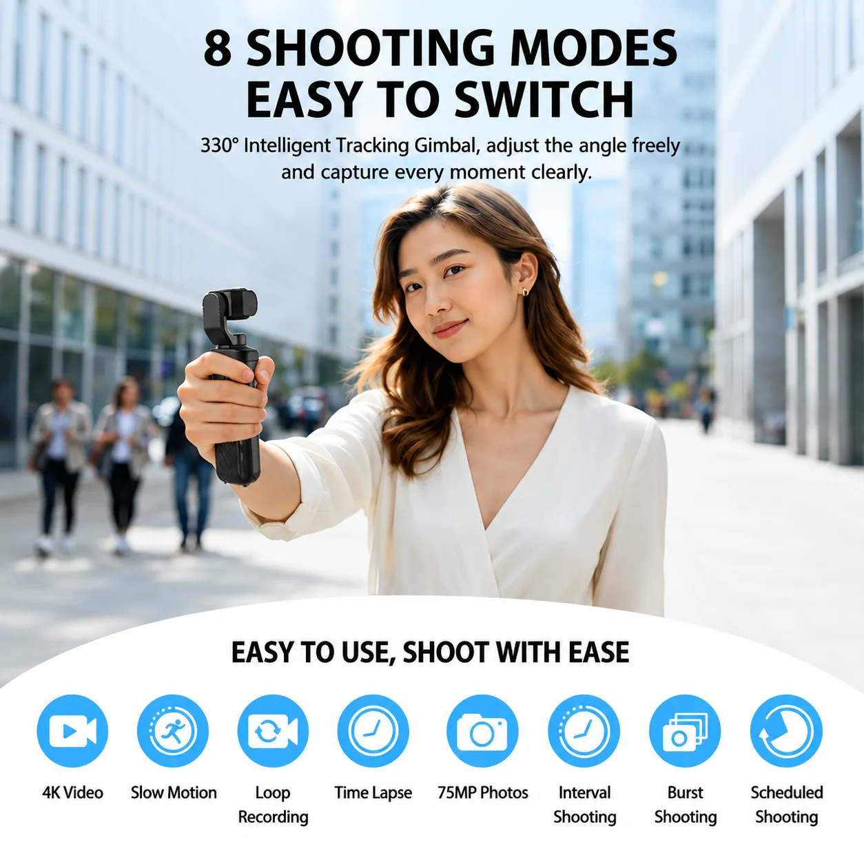 휴대용 4K 30FPS 액션 카메라 75MP 울트라 HD 사진 AI 얼굴 추적 330 ° 회전 렌즈 터치스크린 WiFi 브이로그 짐벌 카메라
