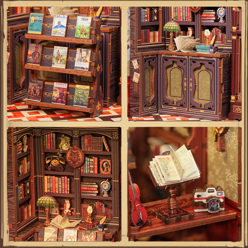CUTEBEE DIY Book Nook Miniature Wooden Dollhouse with Lights Bookshelf Insert Kit 3D Bookend Decor Toys for Gifts Owl Bookstore 5