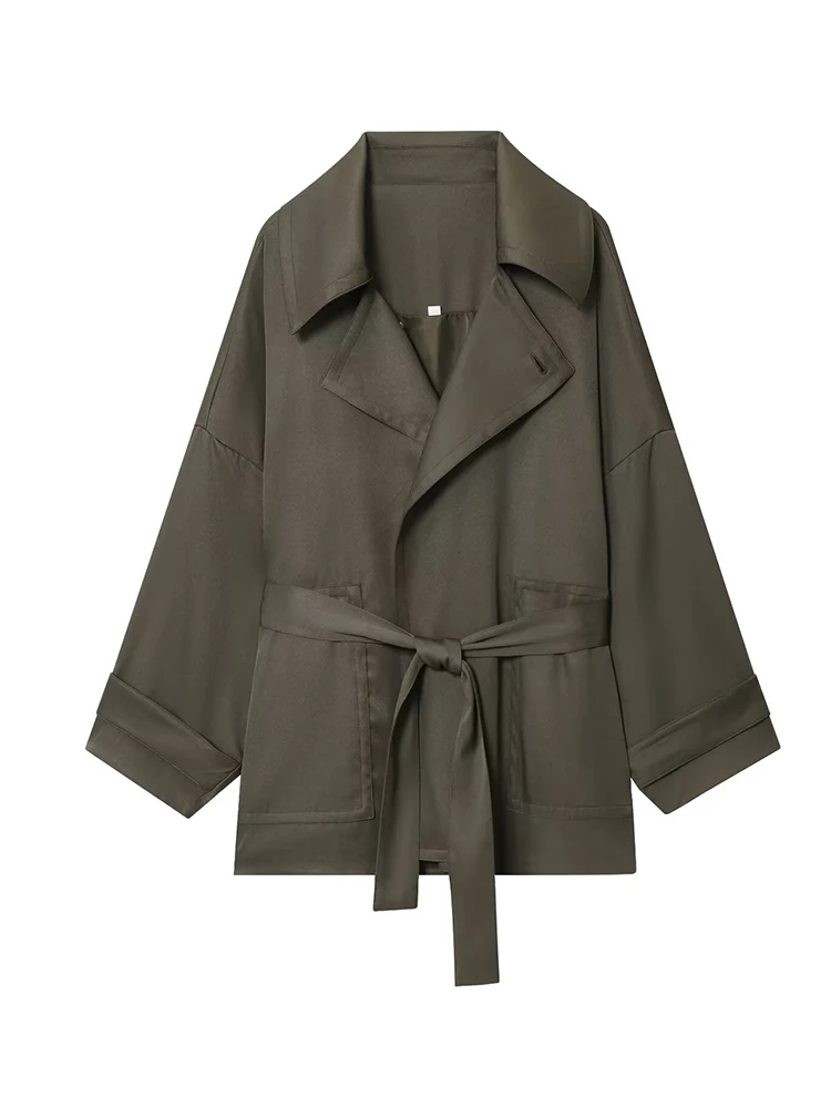 TFMLN Autumn New Women's Lapel Trench Chic Single-breasted Solid Color Belt Casual Loose Jacket Fashion Ladies Street Outwear