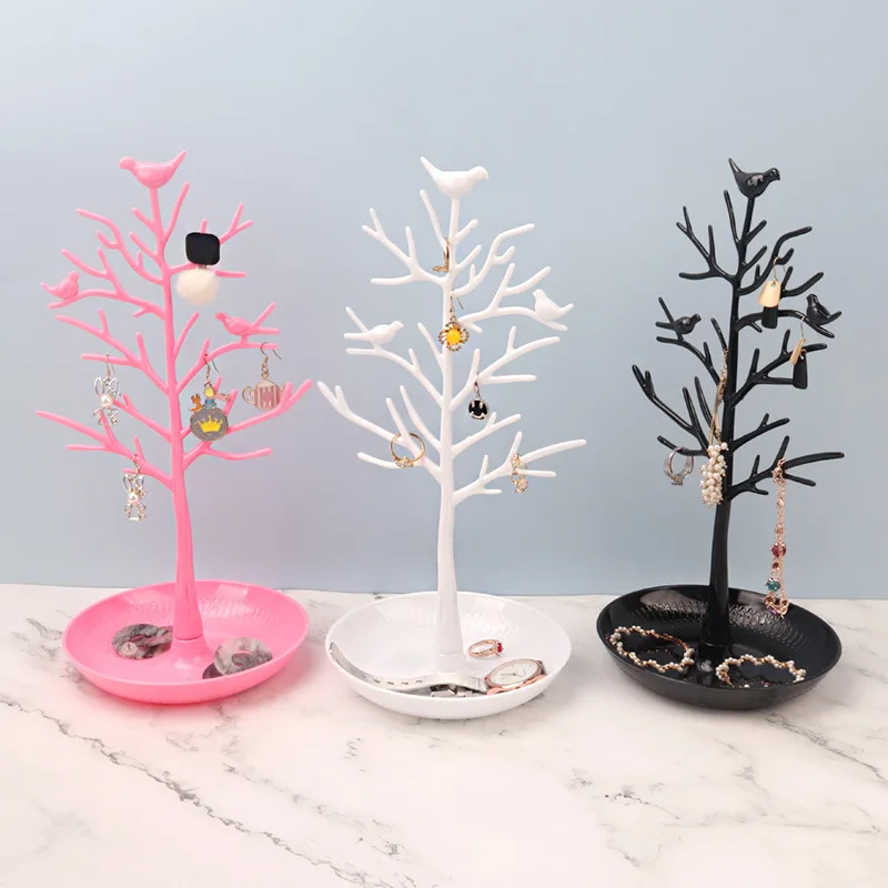 3 Colors Plastic Jewelry Bird Tree Display Stand Holder Fashion Organizer Tower for Earring Necklace Ring Bracelet Rack new wholesale ring display rack ring plastic jewelry display storage display props jewelry rack desktop storage