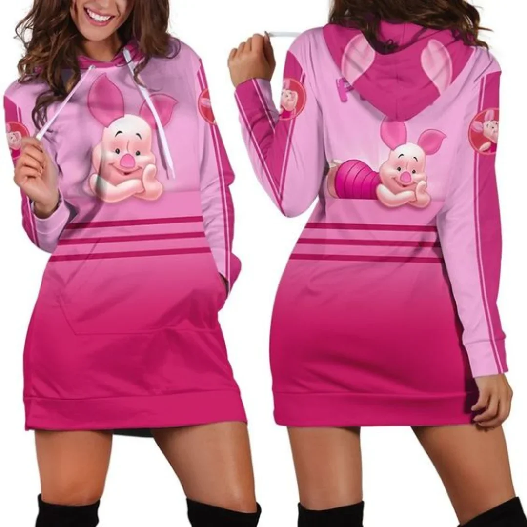 

New Disney Winnie the Pooh Piglet Hoodie Dress Sweater Fashion Disney Dress Sweatshirt Dress 3d Allover Printed Hoodie for Women
