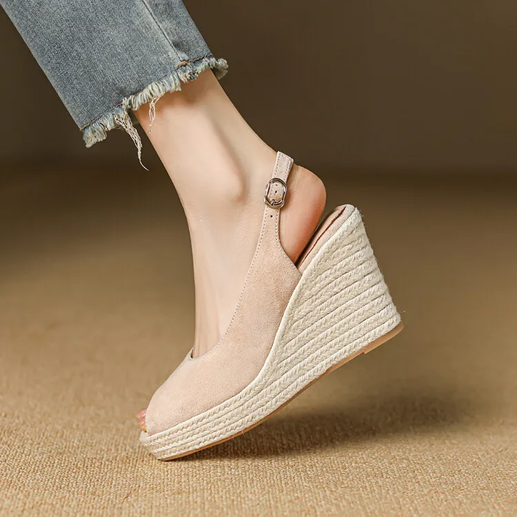 EAGSITY cow suede peep toe Casual wedges sandals platform Women slingback heel shoes espadrilles ankle strap pumps bohemia style