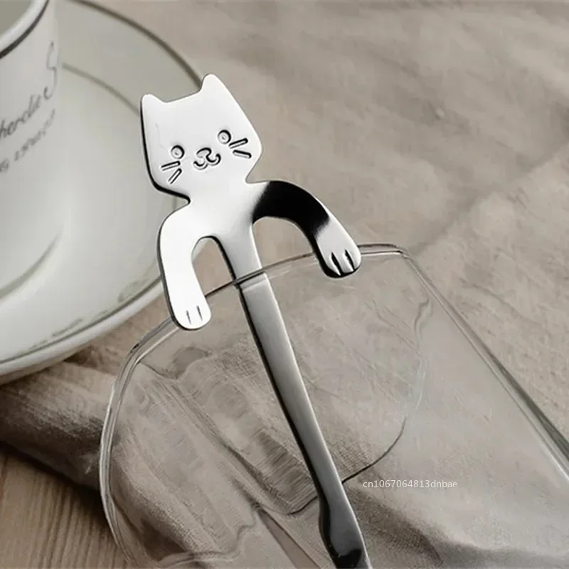 Stainless Steel Spoon Stainless Steel Coffee Spoon Cartoon Cat Cup Telpher Teaspoon Dessert Scoop Ice Cream Mini Stir Spoons Tableware Kitchen Tools