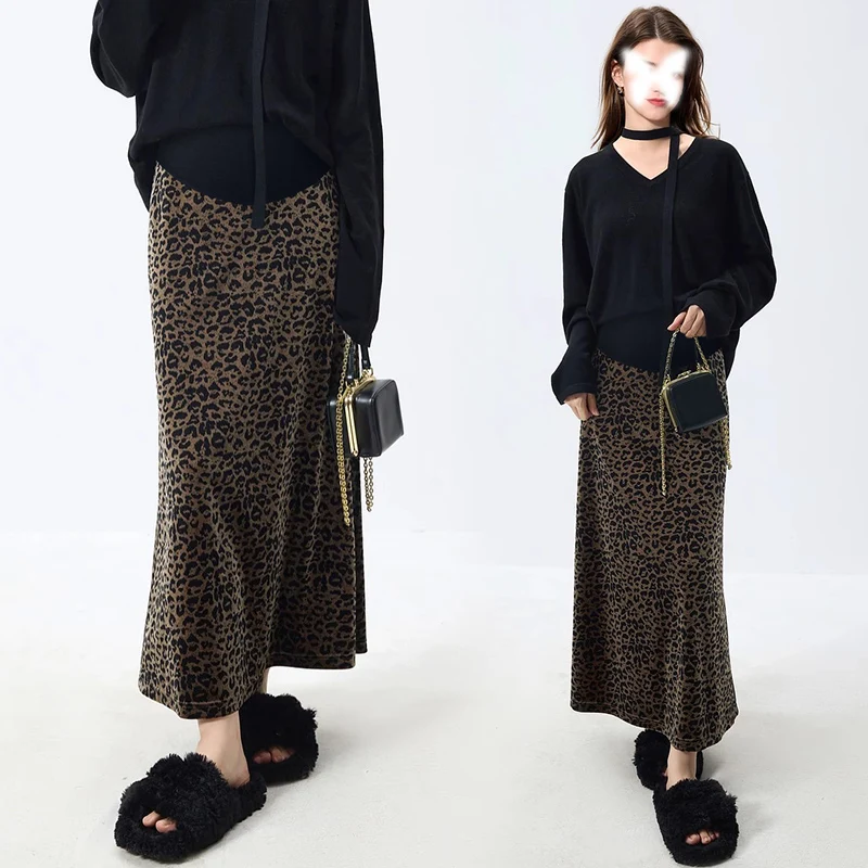 Good Quality Korean Style Maternity Fashion Skirt High Waist Leopard Print Pregnant Woman Step Skirt Long Pregnancy Velour