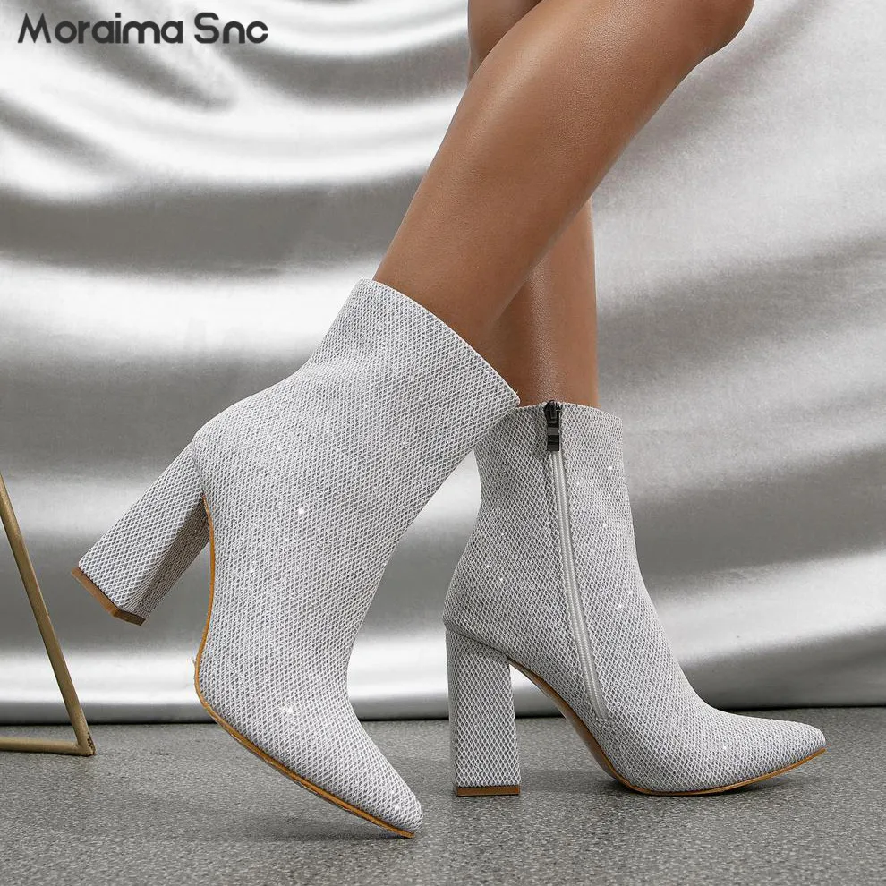 Silver Pointed Toe High Heel Ankle Boots Fashion Chunky Heel Ankle Boots Plus Size Fashion Side Zipper Rider Boots Women's Boots