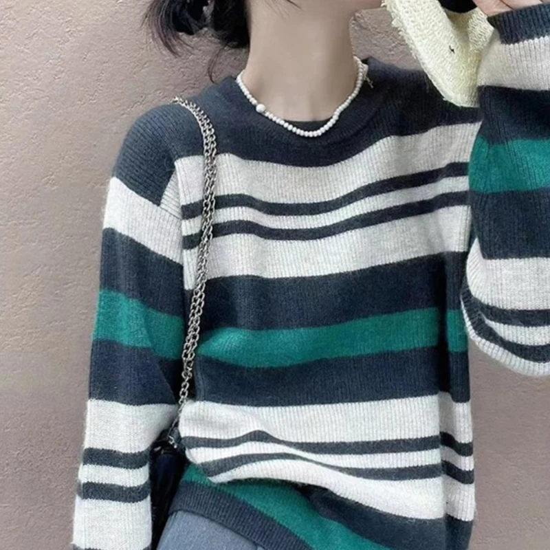 

Striped Women Sweater Clothes Pullover Autumn Korean Casual O-Neck Long Sleeve Top Sweaters Ladies Sueters De Mujer Moda 2023