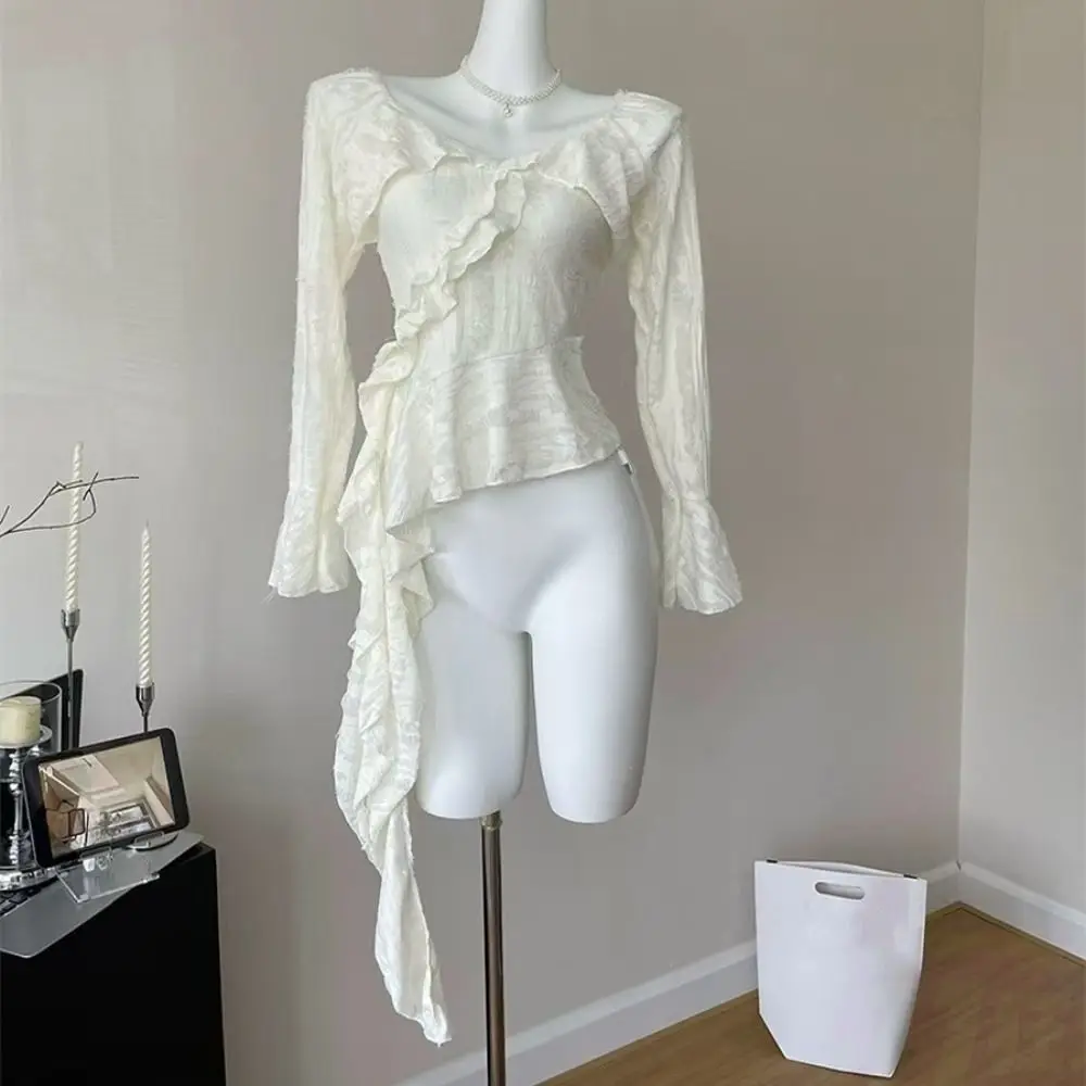 Bell Sleeve Irregular T-Shirts Women Pleated Basic Long Sleeve Top Slim Fit Female Clothing Retro Mesh Broken T-Shirt Women