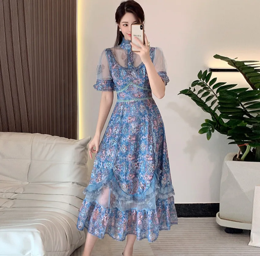 New Elegant Designer Summer Flowers Long Dress Vintage Women Stand