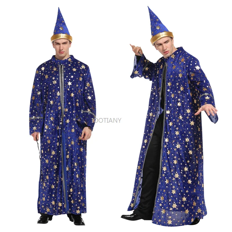 

New Star Moon Magician Wizard Cosplay Costume Halloween Men Blue Robe And Hat Adult Role Playing Decoration Performance Clothing