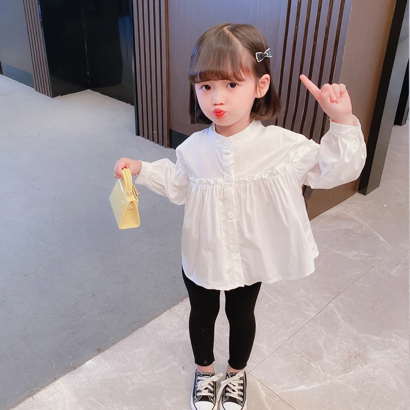 여아용 흰색 셔츠, 데일리 캐주얼 루즈탑, 어린이 야외 여행 의류, 용수철 및 가을 의류