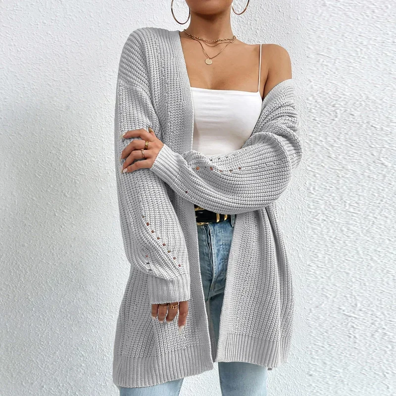 2024 Autumn Elegant Solid Cardigan Sweater Women Winter Thickened Warm Split Hem Long Jumpers Female Commuter Knitted Outerwear 2