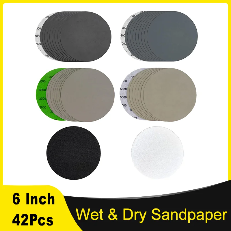6인치 150MM 습식 및 건식 샌딩 디스크 후크 앤 루프 42개입 1000-5000 그릿 인터페이스 패드 포함 랜덤 오비탈 샌더 자동차용
