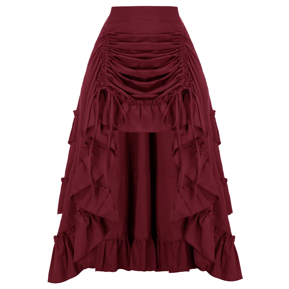 SD Women's Skirt Renaissance Length Adjustable Elastic Waist Front Drawstring Ruffled Solid Elegant Vintage Retro Maxi Skirt