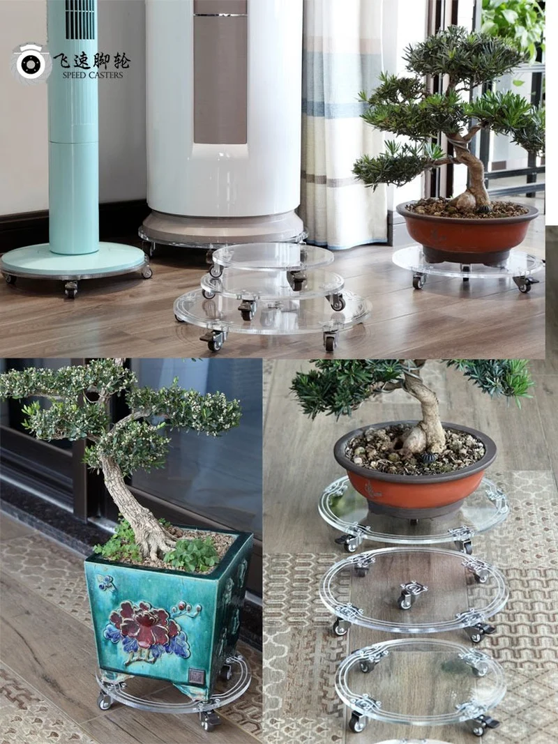 Acrylic Mobile Flower Pot Tray Universal Wheel Pad Support with Wheels Round Chassis Caster Roller Humidifier Base