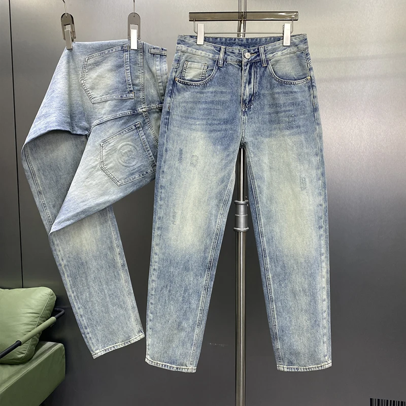 Light luxury high-end men's jeans loose straight pants spring and summer new retro casual versatile embossed pants
