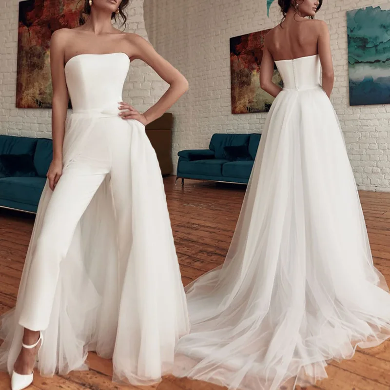 

Women's Elegant Evening Jumpsuit Dress Sexy Strapless Backless Tulle Patchwork Cocktail Dress Prom Party Homecoming Rompers