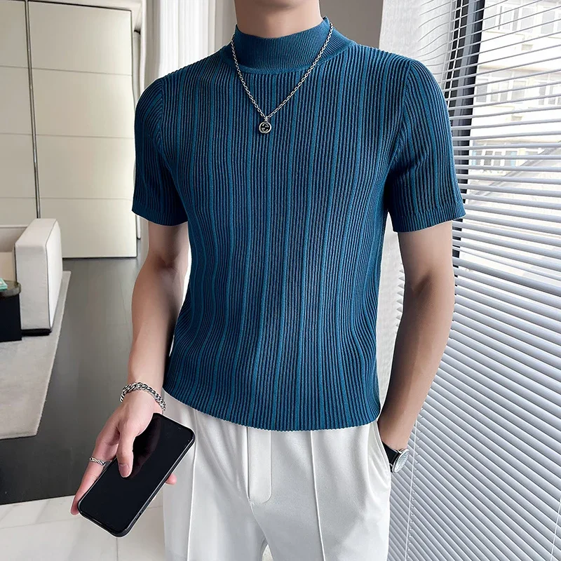 

High Quality Summer Stripe Short Sleeve Plaid T Shirts Men Clothing Slim Fit Stretched Casual High Collar Sweaters Homme