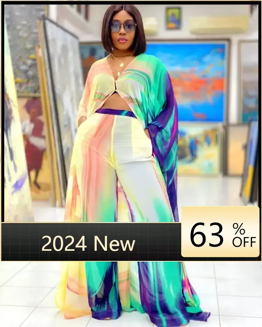 

2024 INS V-neck Colorful Print Special Holiday Street Style Sexy 2 Piece Set Loose Women Top And Pant Summer