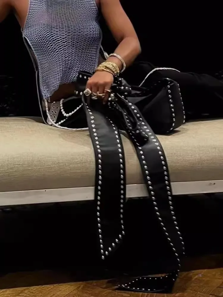 JIAERDI Y2k Grunge Black Shoulder Bags Women Retro Rivet Bow Large Capacity Handbag Ladies Fairycore Aesthetic Underarm Bag New