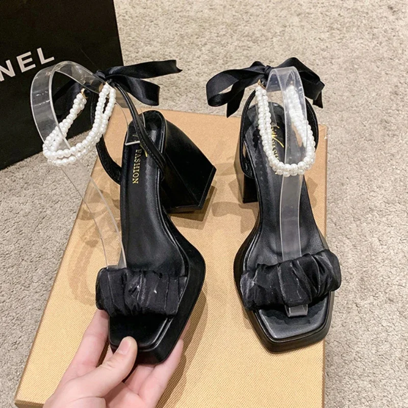 Fashion 2025 Women's Pumps with Elegant Bows Women Shoes Party Square Toe Pearl Sandals Thick Heel Shoes for Women Retro Zapatos 4