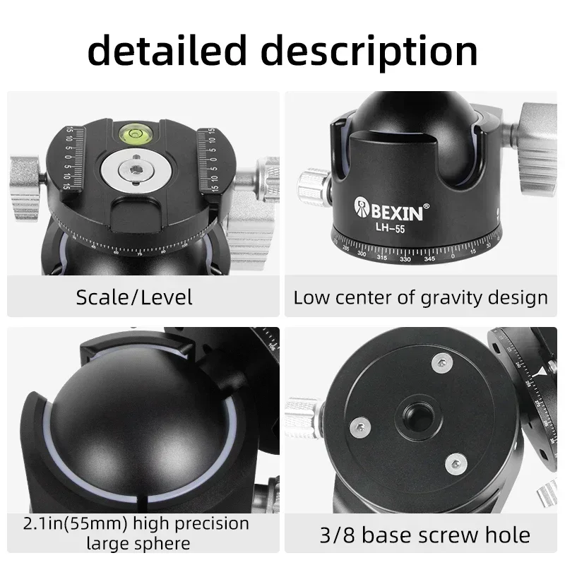Tripod gimbal 55mm aluminum 360 &deg; panoramic ball head installation Yajia quick release plate Maximum Load capacity 35KG