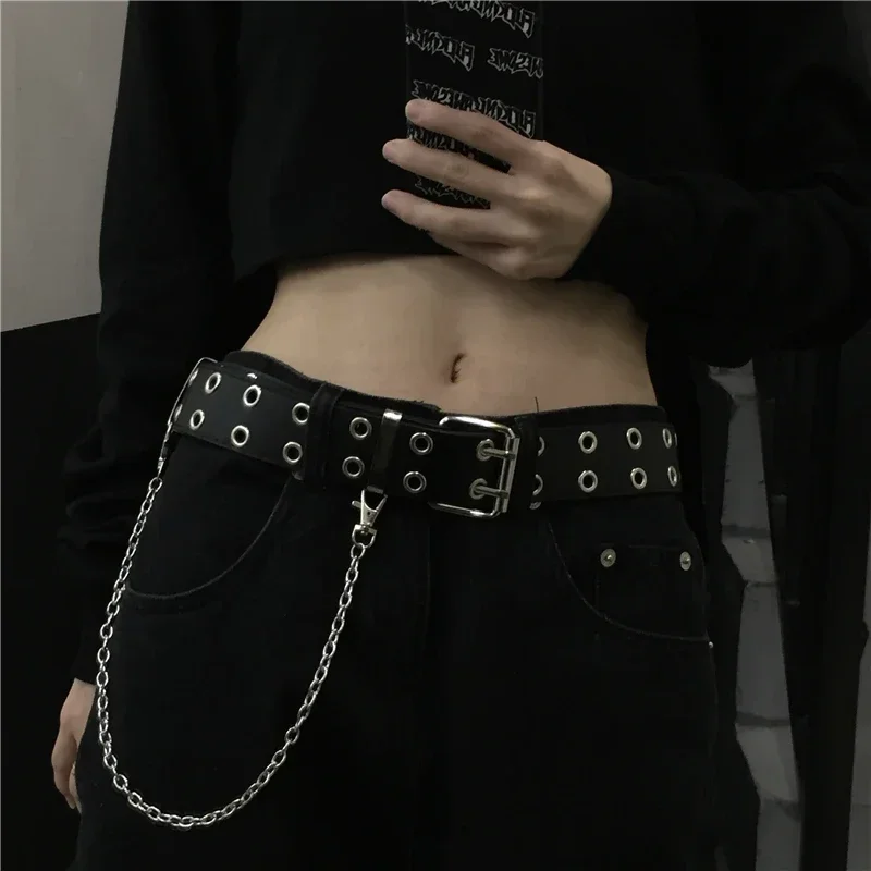 

Women Double Ring Belts Double Hole Eyelet Grommet Leather Buckle Punk Pin Belt Leisure Dress Jeans Gothic Waistband Luxury