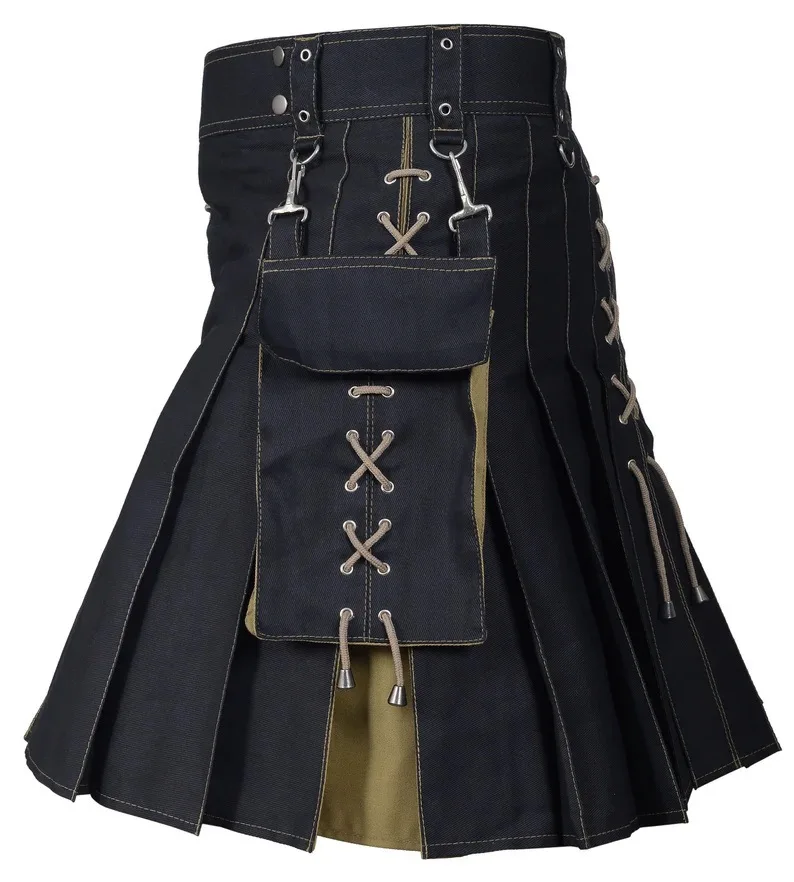 Mens Kilt Utility Scottish Traditional Highland Solid Pleated Buckle Straps Costume Kilts with Cargo Pockets