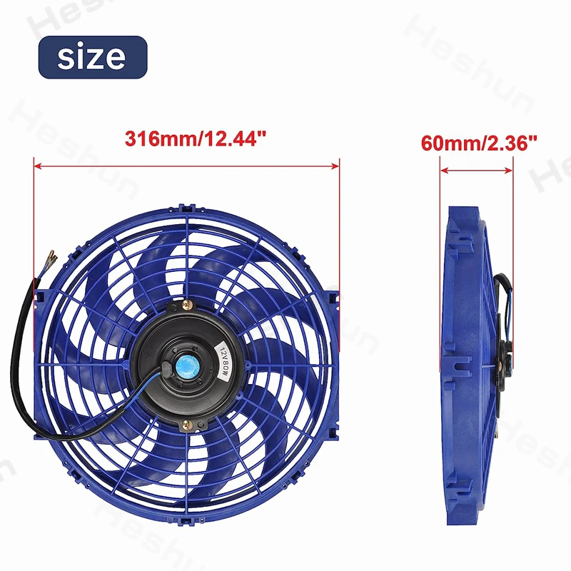 12" Inch Universal Slim Condenser Fan Push Pull Electric Radiator Cooling Fans 12V 80W Mount Kit 2000 RPM Blue High Performance