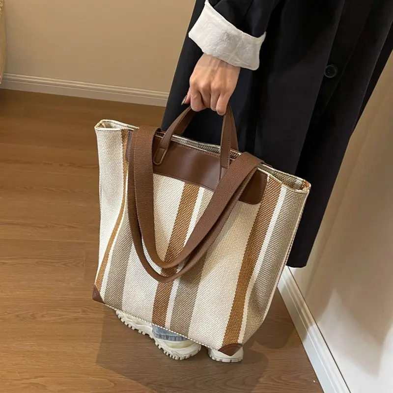 New Striped Canvas Reusable Grocery Bag Women's Large Capacity Fashion Versatile Shoulder Bag Student Class Commuter Tote Bag
