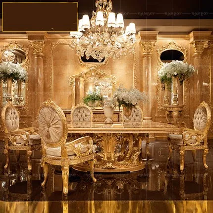 

Luxurious European solid wood carved dining chair French style book villa restaurant gold foil cloth armchair