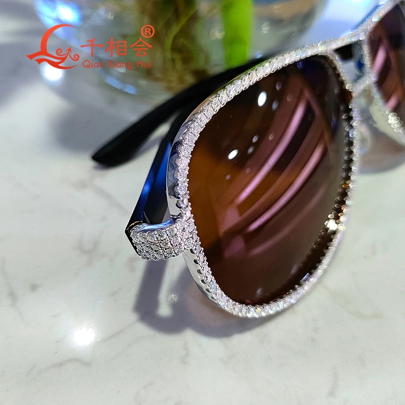 full white moissanite silver Fashion Sunglasses Woman men Vintage Designer brown Glasses Sun Glasses Big Frame Cool Sexy Female