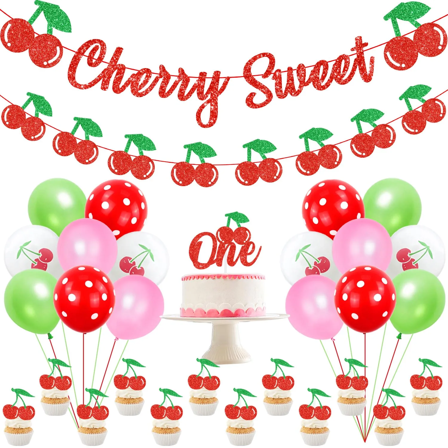 

Cherry 1st Birthday Decoration for Girls Cherry Sweet Banner Garland One Cake Topper Balloon for Kids Fruit First Birthday Party