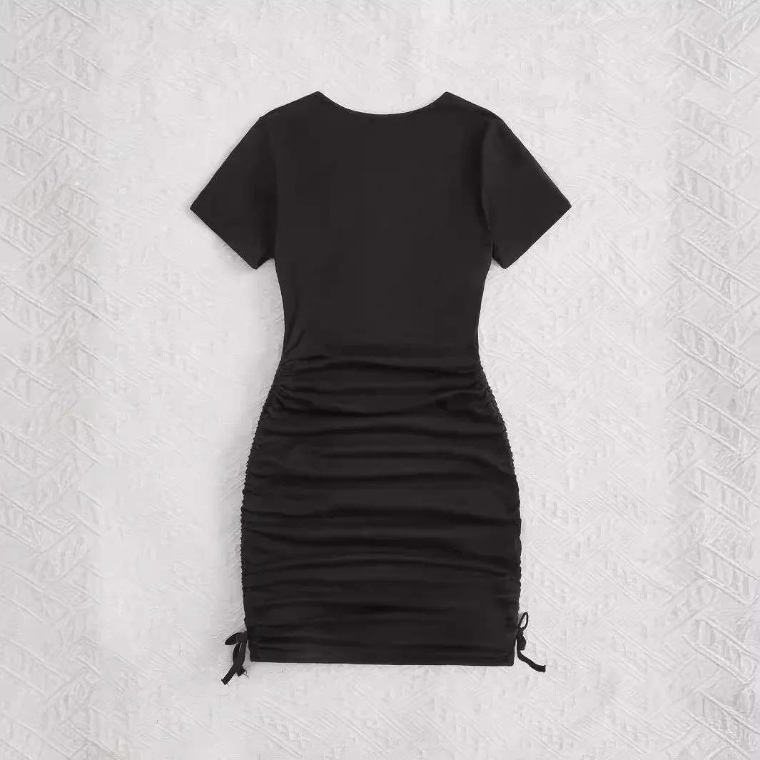 Black Bodycon Mini Dress Short Sleeve Women's Casual Skirt Tight Fit Summer Dress for Big Kids And Adults