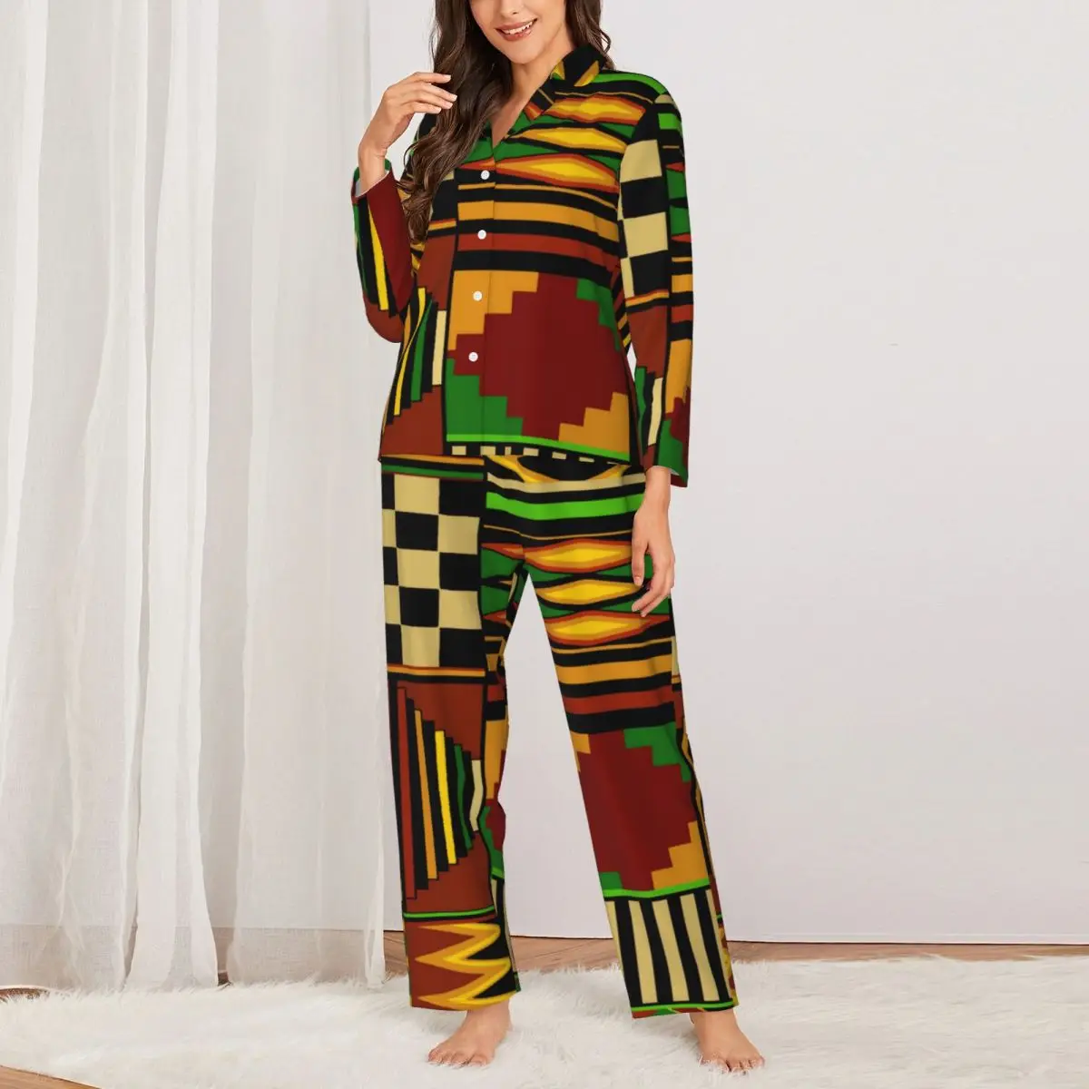 

Пижама женская с Африканским племенным принтом, теплая одежда для сна Kente, Осенний домашний костюм из двух предметов в стиле ретро, большие размеры