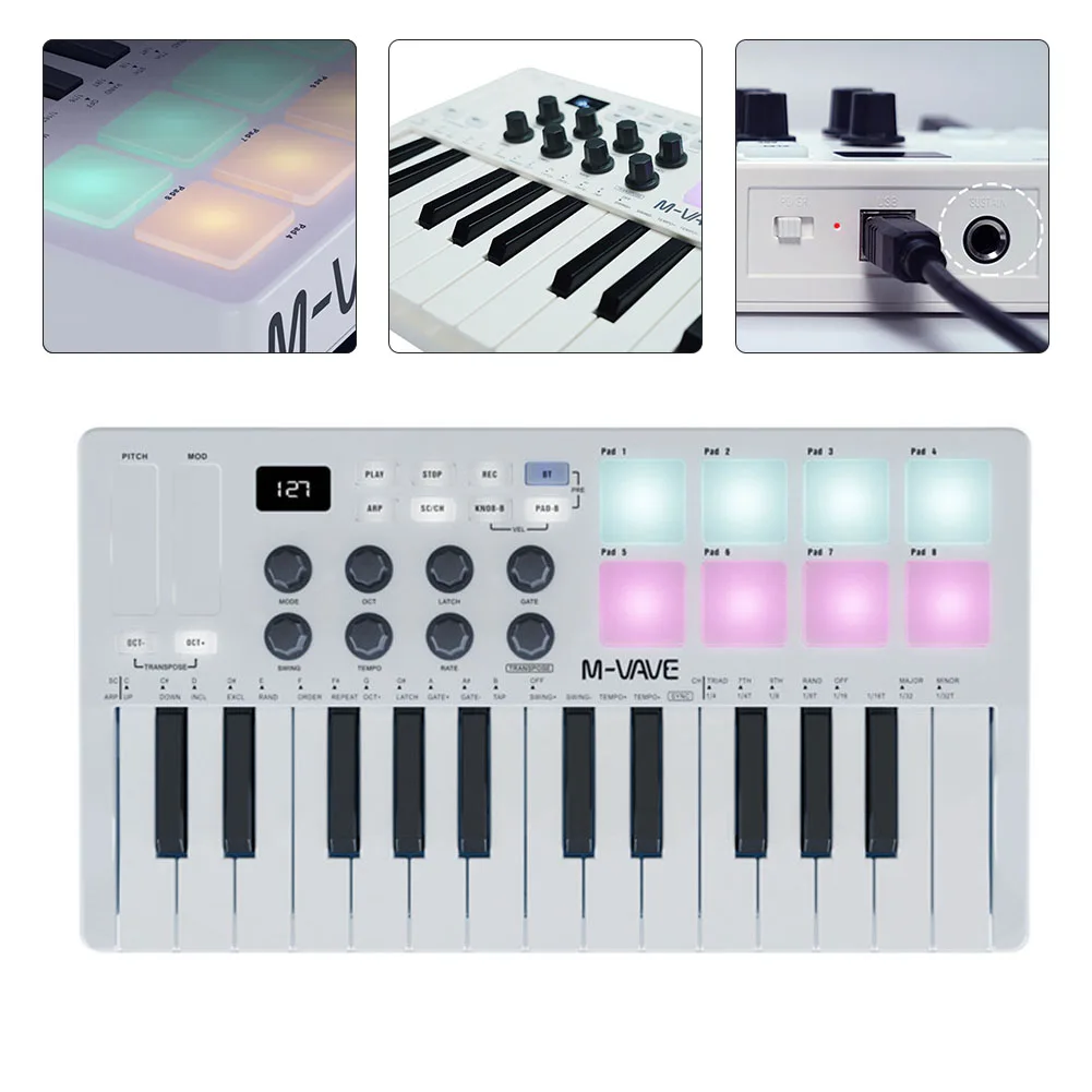 

Портативная MIDI-клавиатура M-VAVE, 25 клавиш, USB MIDI-контроллер с 8 барабанными колодками с подсветкой, 8 кнопок, 8 музыкальных инструментов RGB