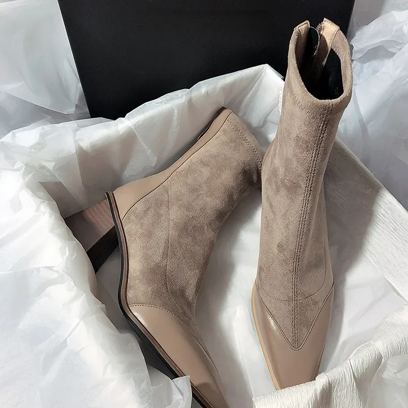 2023 New Pointed Women's Ankle Boots Fashion Square High Heels Elegant Fashion Women's Short Boots Comfort Casual Women's Boots