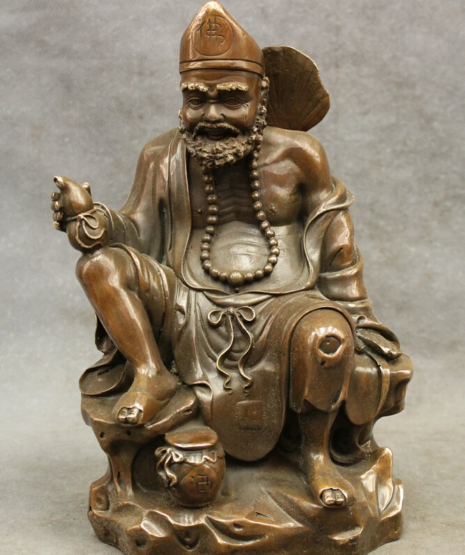 

10" Chinese Bronze Gourd Rohan Arhat Monk Fo JiGong Chai Gong Buddha Statue