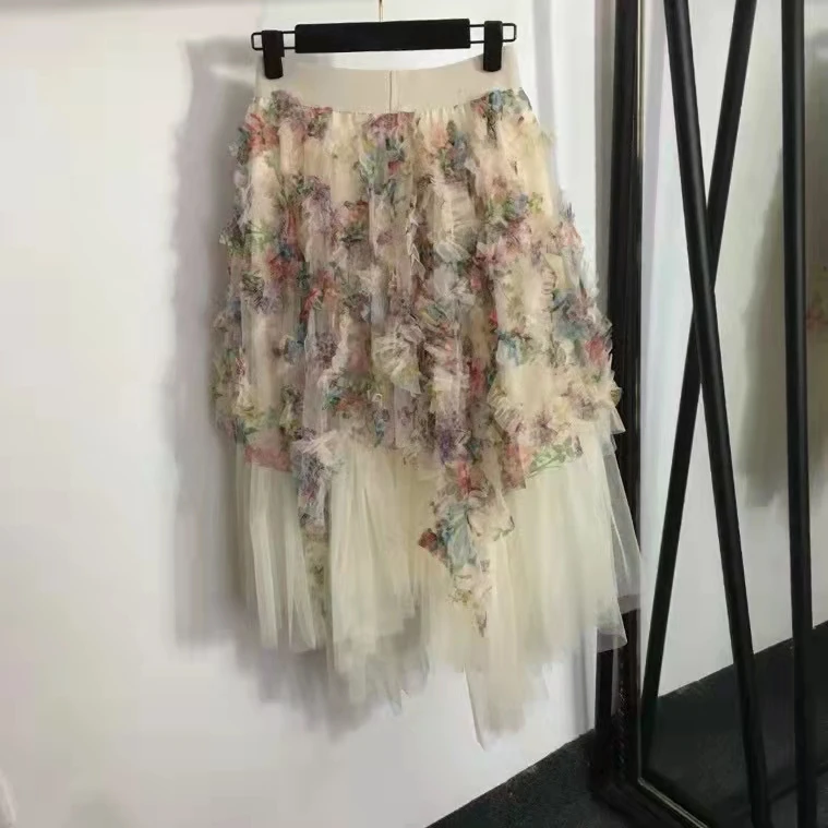 

2023 New fashion good quality temperament flower print peplum edge high waist mesh gauze Pengpeng half skirt