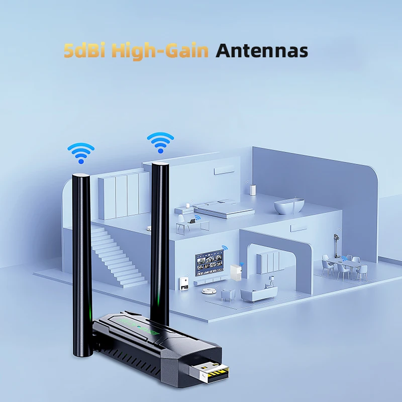 WiFi 어댑터 AX1300 5dBi 안테나 5G&2.4G 듀얼 밴드 WiFi6 동글 (데스크탑 PC 윈도우용 USB 이더넷 무선 네트워크 카드)