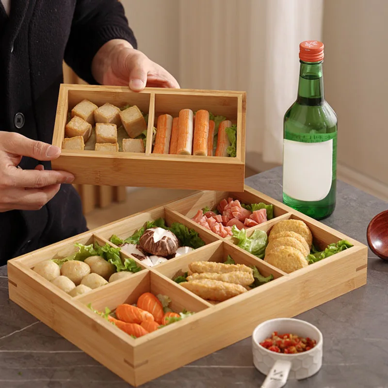 ZK20 Divided Wooden Tray Multi Compartments Serving Tray for Hot Pot Restaurants Sushi Plate 6 Compartments