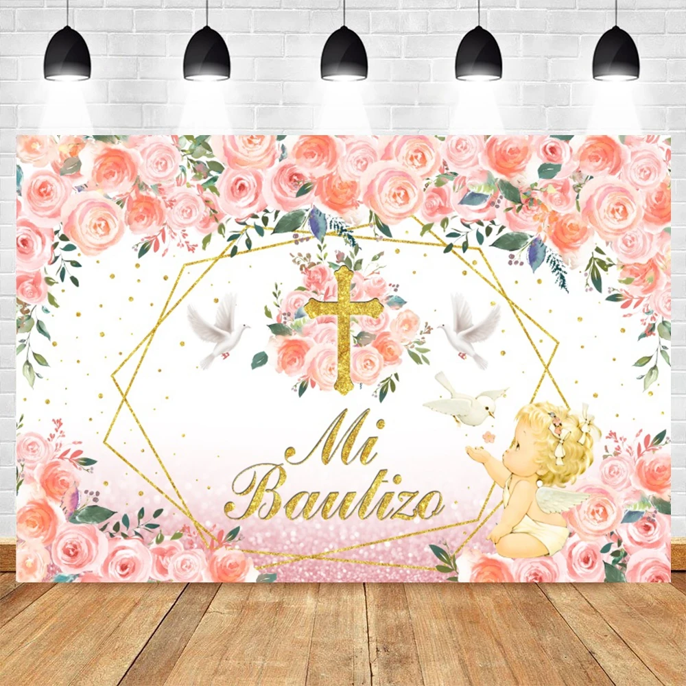 First Holy Communion Backdrop Girl Boy Baptism Party Flower Cross God Bless Baby Shower Photography Background Photo Studio Prop